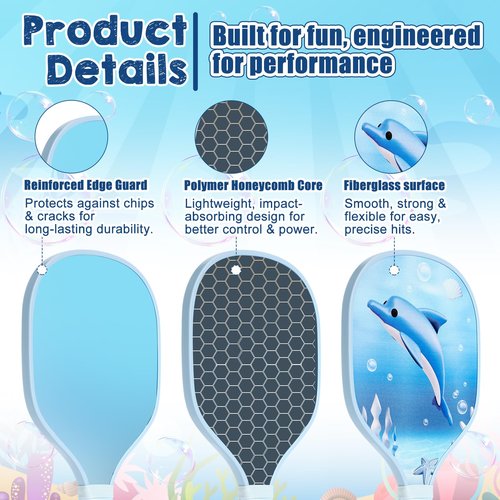 Lunmon 2 Pack Kids Paddle with 4 Cute Ball Small Grip Lightweight Fiberglass Rackets Paddle Set for Christmas Party Gifts Children 4-11 Years Old(Whale)