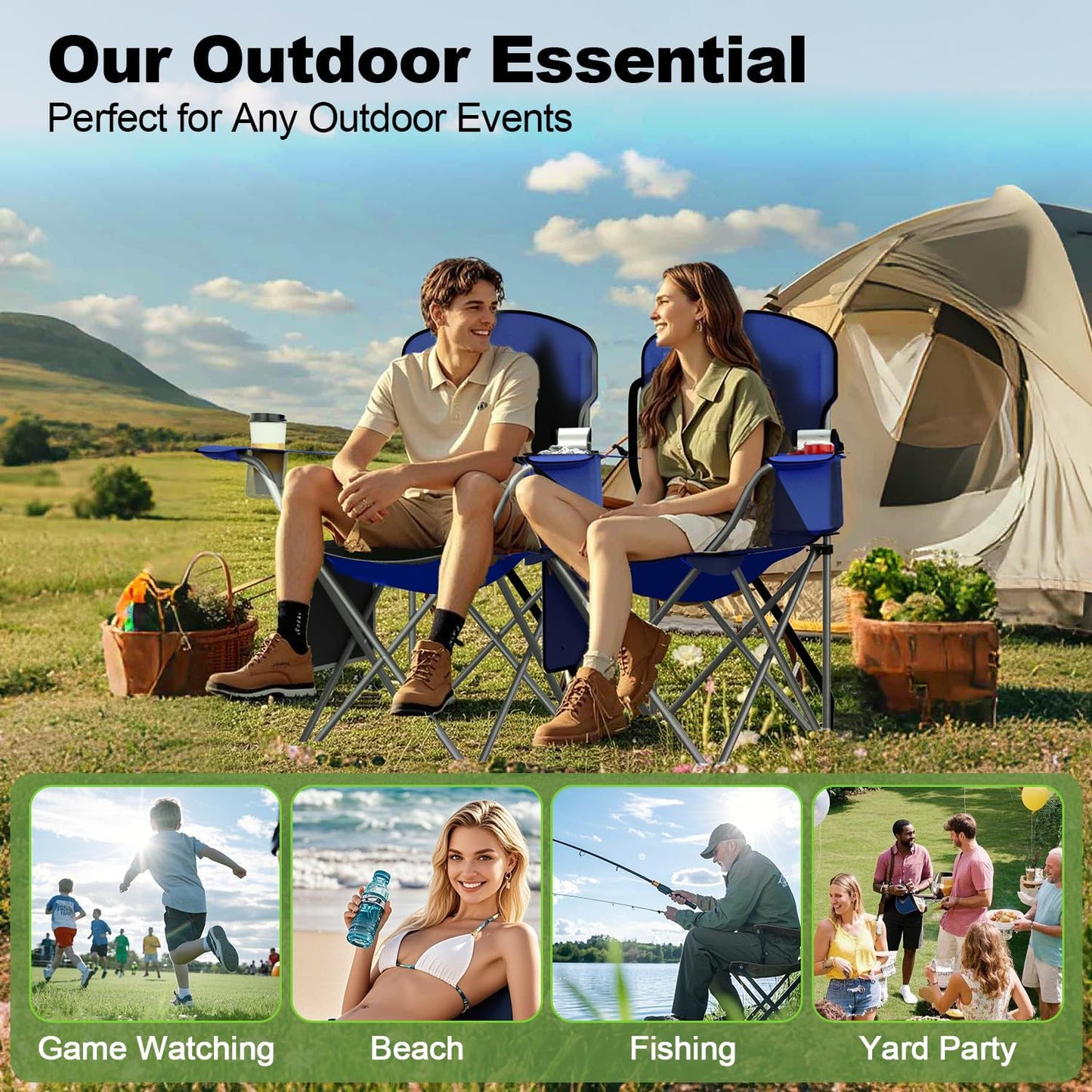 VTOY Folding Camping Chair - Durable 600D Oxford with Cooler Pouch, Cup Holder & Storage Pocket | Portable Outdoor Seating