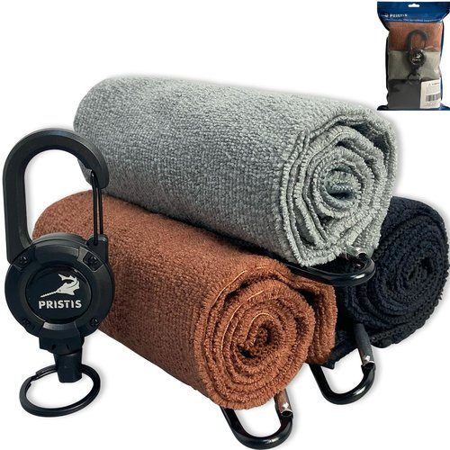 Pristis 3 Pack Fishing Towels with Clips & one Heavy Duty Zinger Retractor, 16x16'' Retractable Plush Microfiber Bait Towel with Loop, Absorbent Utility Accessory for Fly Fishing Kayaking Hiking Boat
