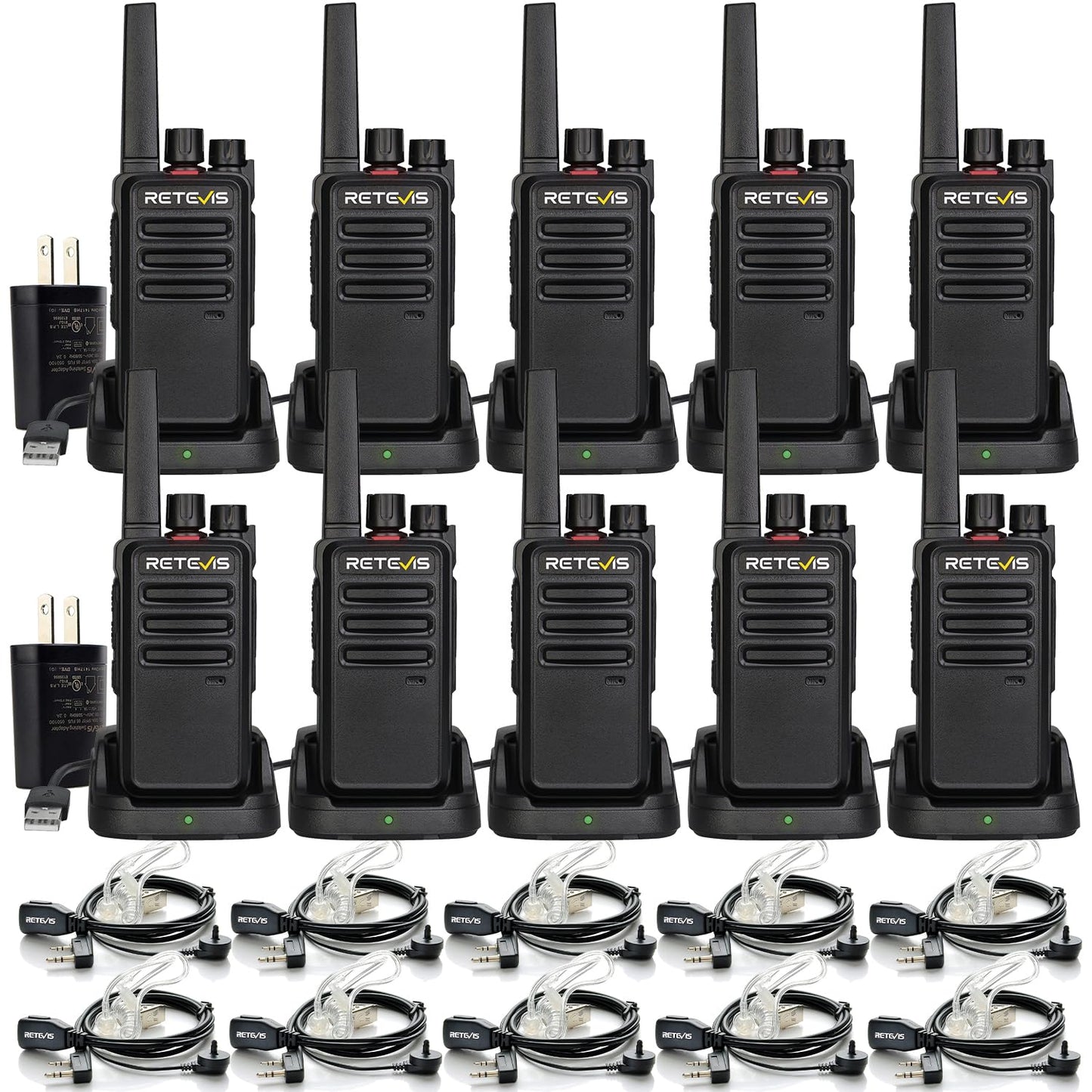 Retevis RT68 Two-Way Radios Long Range, Walkie Talkies for Adults, 2 Way Radio with Earpiece, Walkie Talkie Rechargeable with Charging Base, for Manufacturing Restaurant Business School(10 Pack)