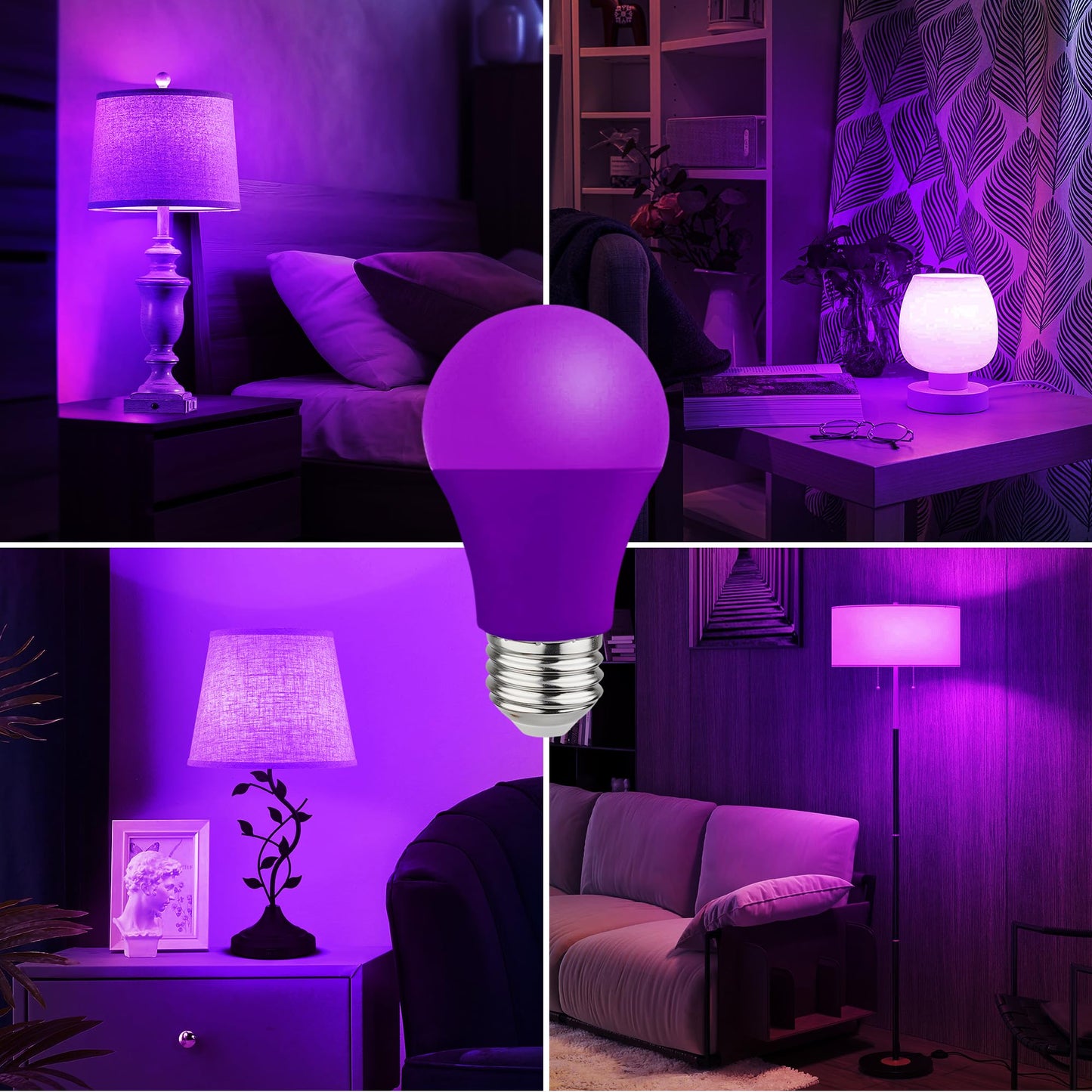 Purple LED Light Bulbs - 9W(60W Equivalent) Soft Violet Glow, A19 Bulb with E26 Base, Non-Dimmable Purple Light Bulb for Indoor/Outdoor Use, Halloween, Christmas, Porch, Parties(4-Pack)