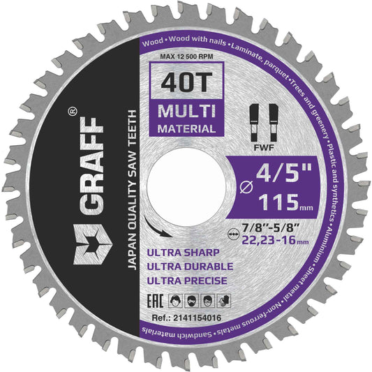 GRAFF 4-1/2 Inch Circular Saw Blade with 7/8-Inch Arbor - 40-Teeth Grinder Saw Blade for Aluminium, Metal, Wood, Plywood, Drywall, Plastic - Wood Cutting Blade for Angle Grinder