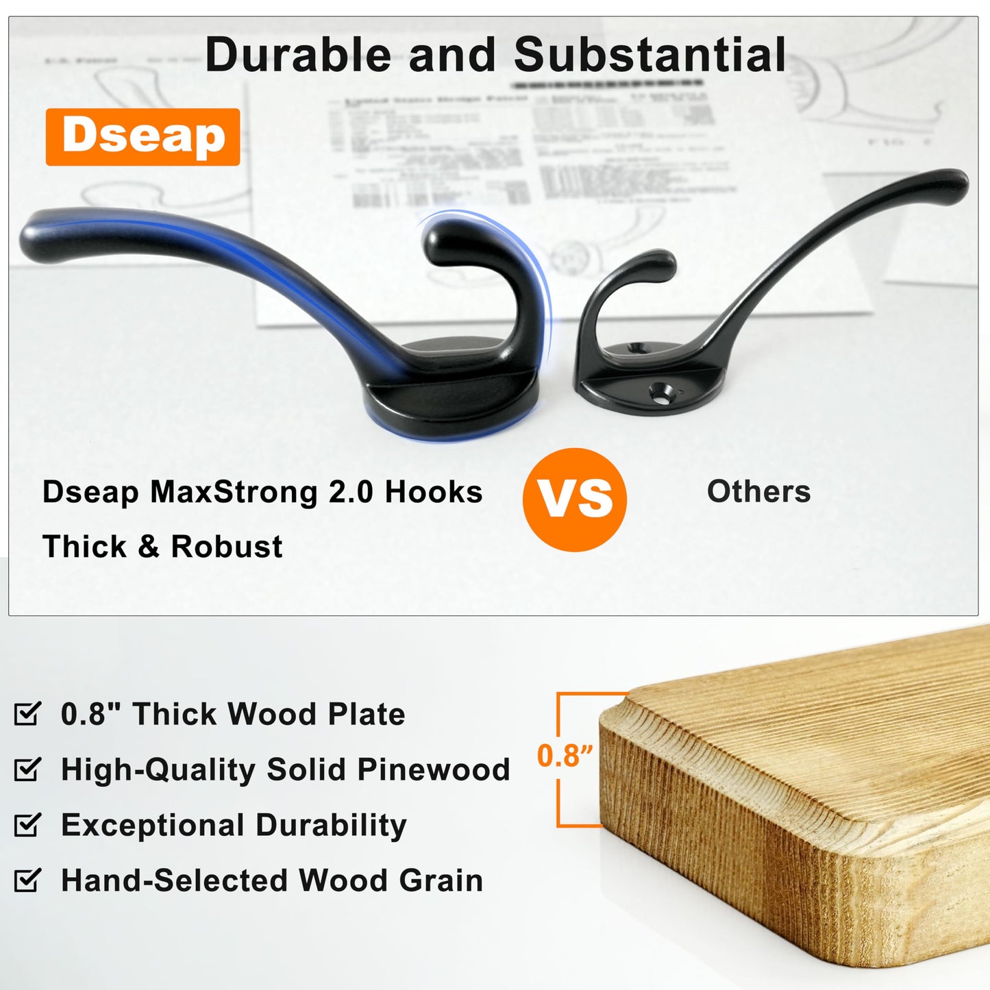 Dseap Wall Mounted Coat Rack: 24" Long, Patented, Heavy-Duty, 6-Double-Hooks Wooden Hanger Rail for Winter Coats, Hat, Jacket, Clothing - Black, Pack of 2