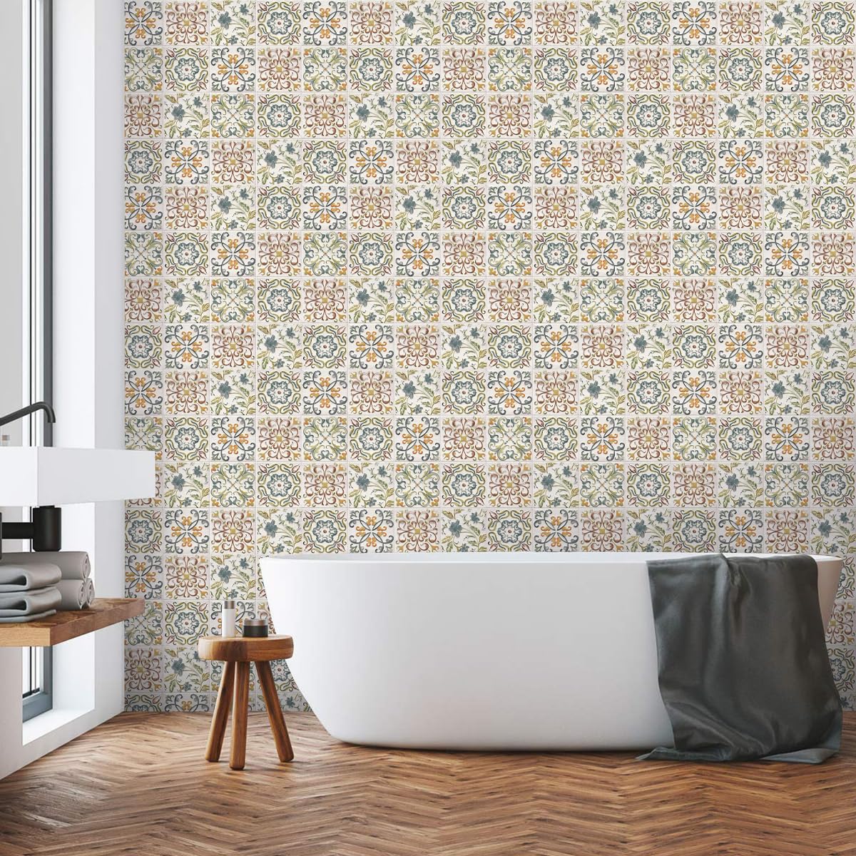 Wudnaye Bohemian Wallpaper Peel and Stick Faux Tile Contact Paper 17”×118” Tile Pattern Removable Self Adhesive Wallpaper for Backsplash Waterproof Contact Paper for Kitchen Cabinets Vinyl Decorative
