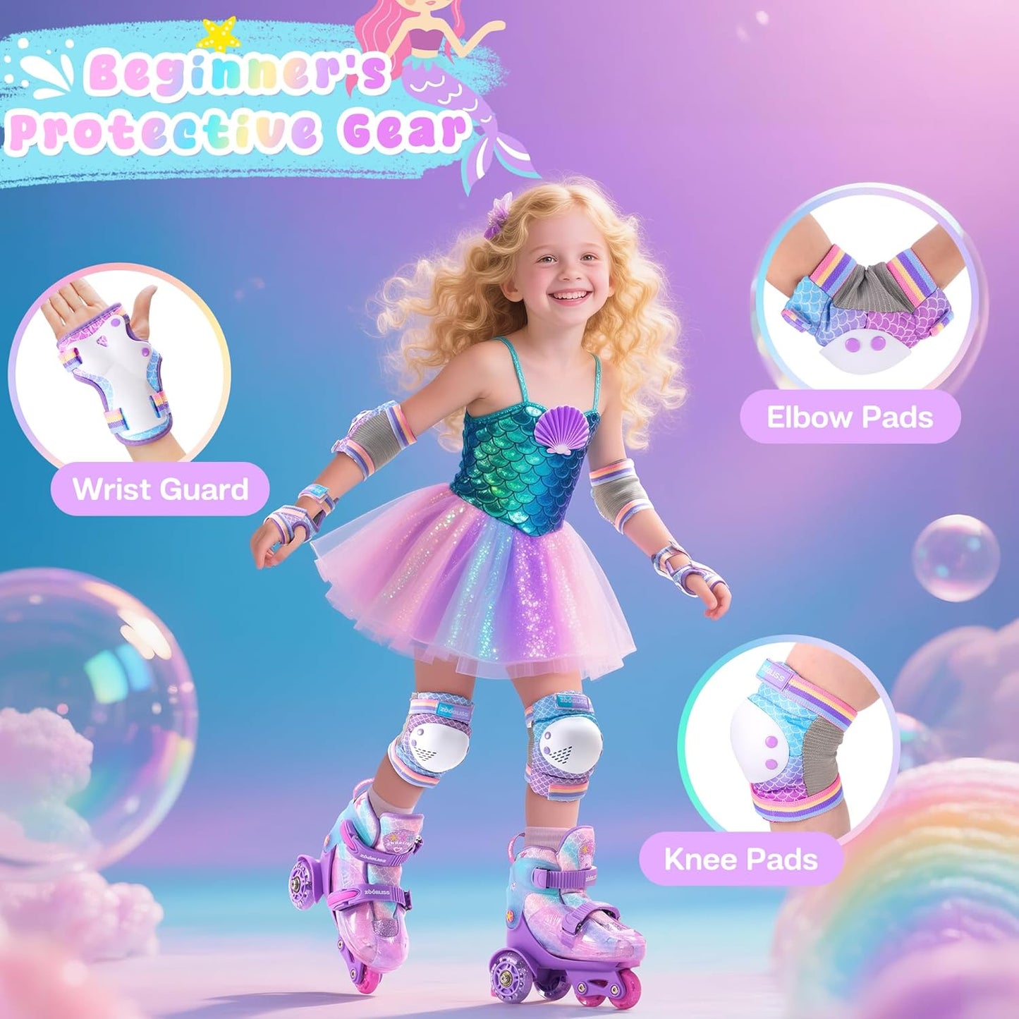 ZOOBLISS Kids Protective Gear Set - Toddler Knee and Elbow Pads with Wrist Guards for Skating | Rainbow