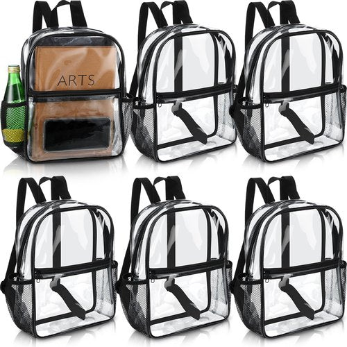 Sweetude 6 Pcs Clear Backpack bulk 11.4 x 9.5 x 5.1 Inch Bag Stadium Approved Plastic Transparent Backpack with 2 Water Holders (Black)