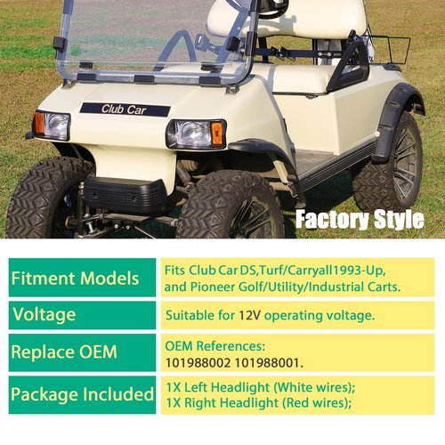 FIXHAWK Club Car DS Halogen Headlights for Club Car DS & Turf & Carryall 1993-Up Golf Cart,Passenger and Driver Side Factory Style OEM# 101988002, 101988001,Replace12V Head Lights Kit Assembly