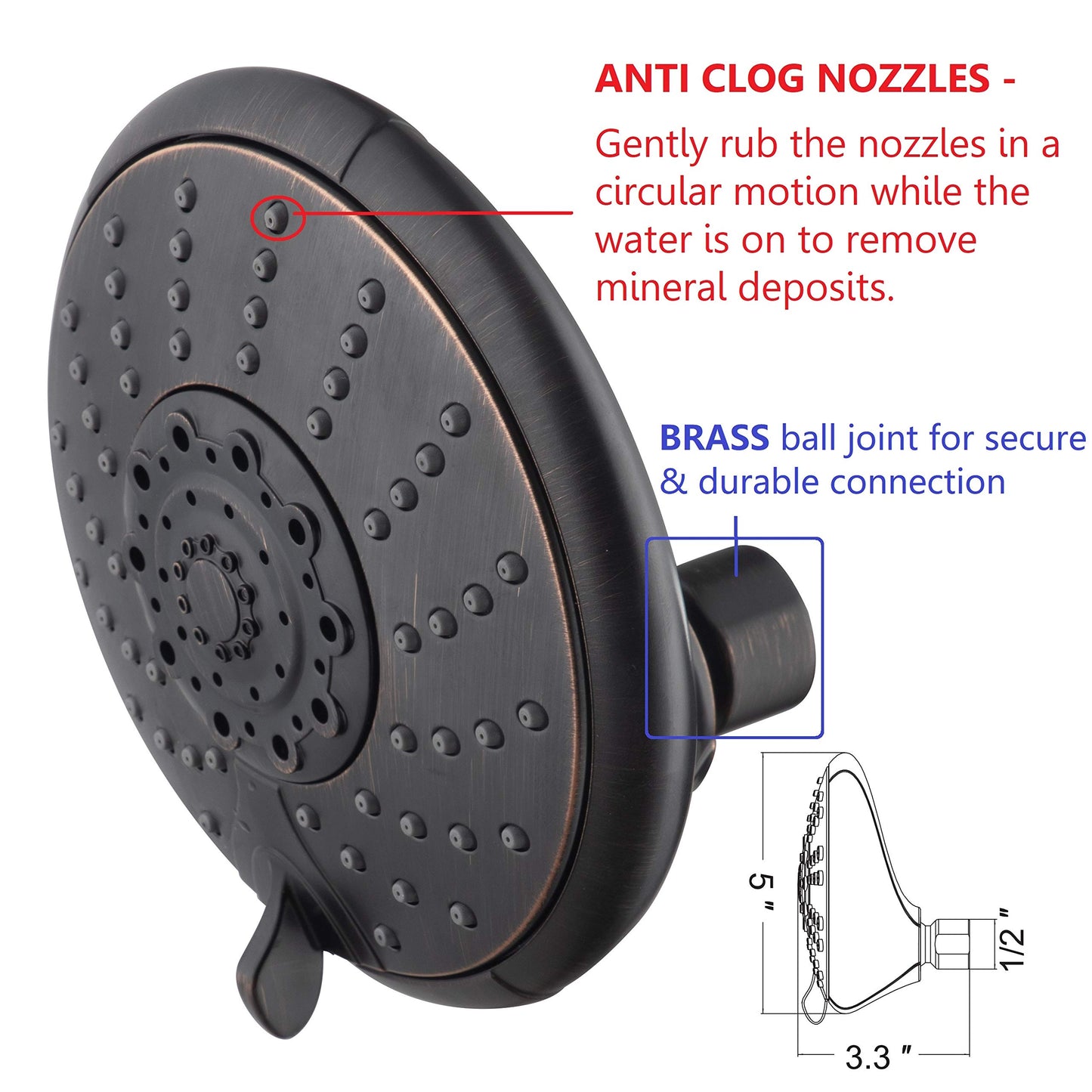 Ana Bath Anti-Clog High Pressure Large Oil Rubbed Bronze Dual Shower Head 5-inch 5-Settings Shower Head with Handheld Spray Combo + 5 Foot Stainless Steel Shower Hose w/ BRASS connectors