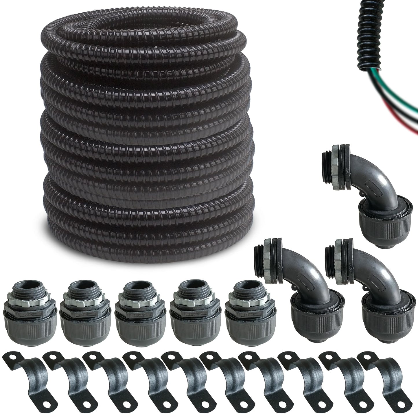 (1/2" Dia * 100 Feet) Yariwiz Black Special Extra Flexible Electrical Conduit Liquid Tight PVC Conduit Kit with 5 PCS Coupling, 5 PCS Elbow and 10 PCS Strap, Sealtight Seal Flex Liquidtight Wire