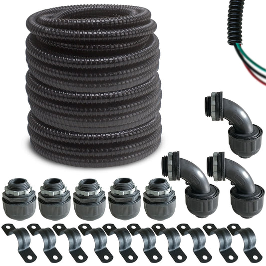 (1/2" Dia * 100 Feet) Yariwiz Black Special Extra Flexible Electrical Conduit Liquid Tight PVC Conduit Kit with 5 PCS Coupling, 5 PCS Elbow and 10 PCS Strap, Sealtight Seal Flex Liquidtight Wire