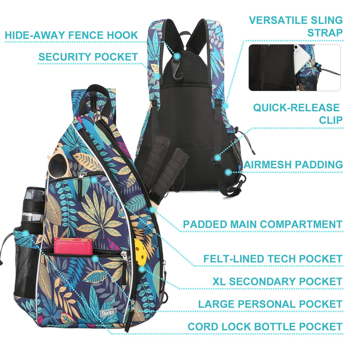 Sucipi Pickleball Bag - Men's -Women's Pickleball Backpack, Adjustable Sling Bag w/Fence Hook/Large Capacity/Safety Pocket-Purple Leaf