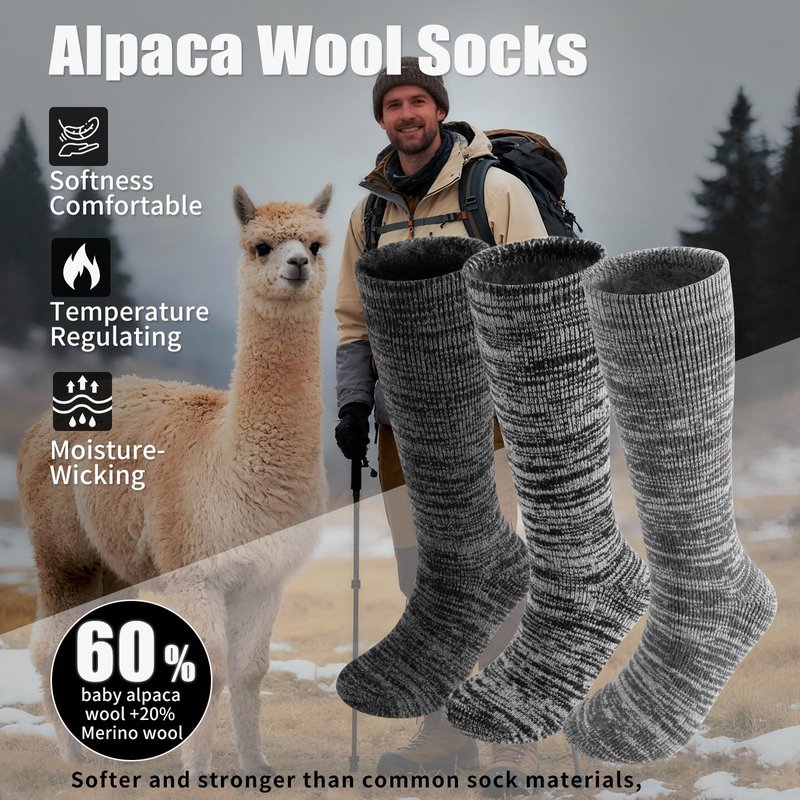 ORVYTHA 3 Pairs Alpaca Wool Boot Socks Men Women Thermal Warm Heavyweight Thick Socks Winter Hunting Hiking, Moisture Wicking (US, Alpha, Medium, Regular, Regular, Dark Gray)