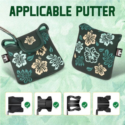 Craftsman Golf Azalea Embroidered Floral Green Mallet Putter Cover Headcover Magnetic Closure