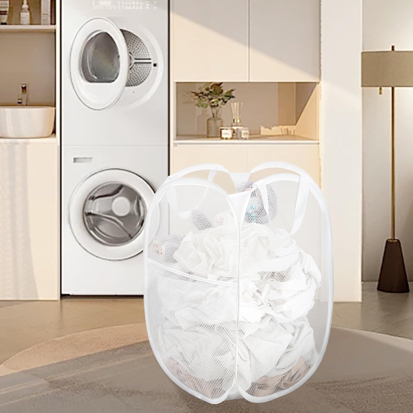 2 Pack Laundry Basket,Foldable Mesh Pop-up Laundry Hamper with Durable Handle,Easy to Open and Fold for Dorm, Laundry Room, Bedroom, RV… (White+Black)