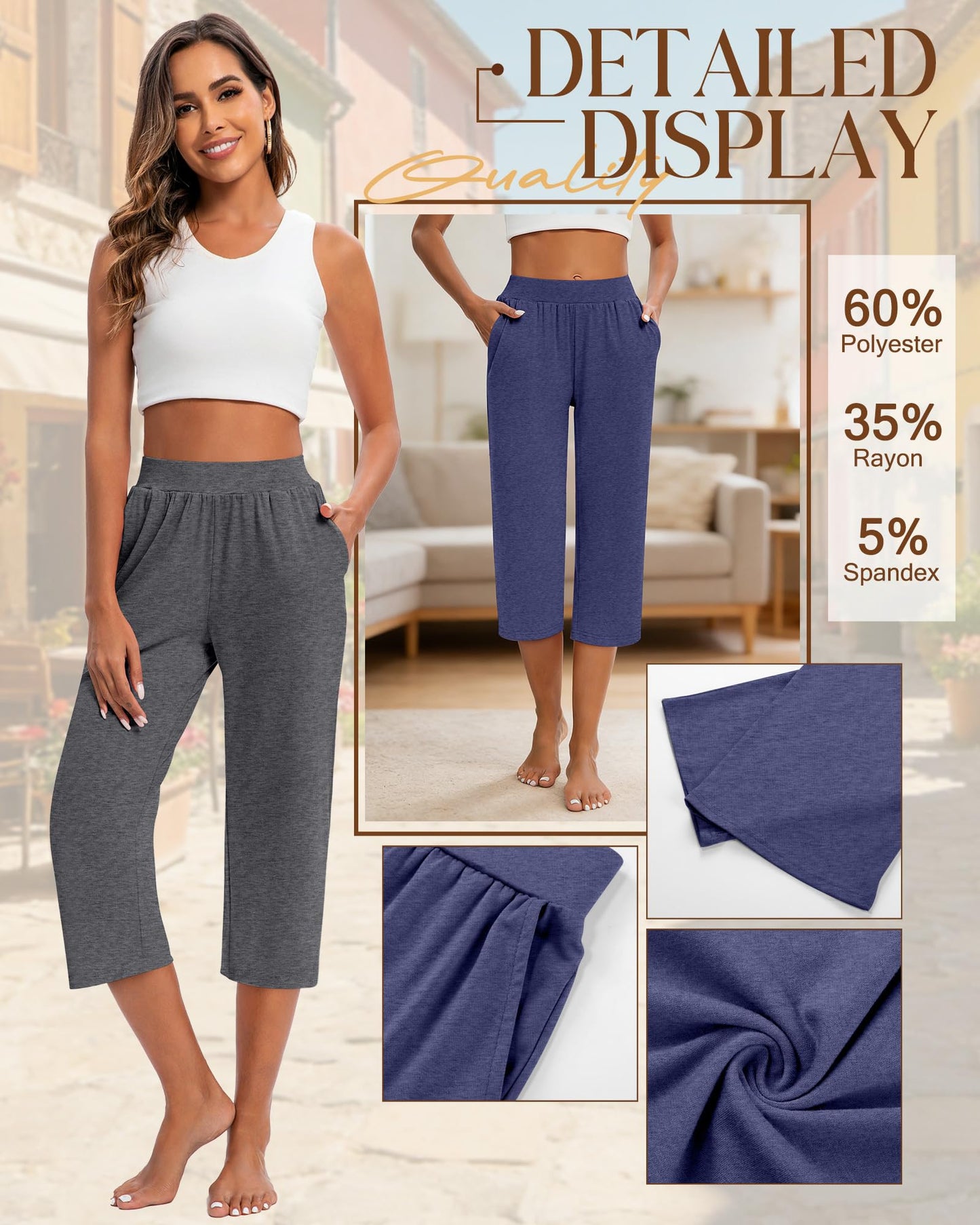 Huukeay 3 Pack Women's Capri Sweatpants Cozy Wide Legs Cropped Capri with Pockets Lounge Jogger Pants Workout Yoga Solid(Large,Black,Grey,Dark Blue)