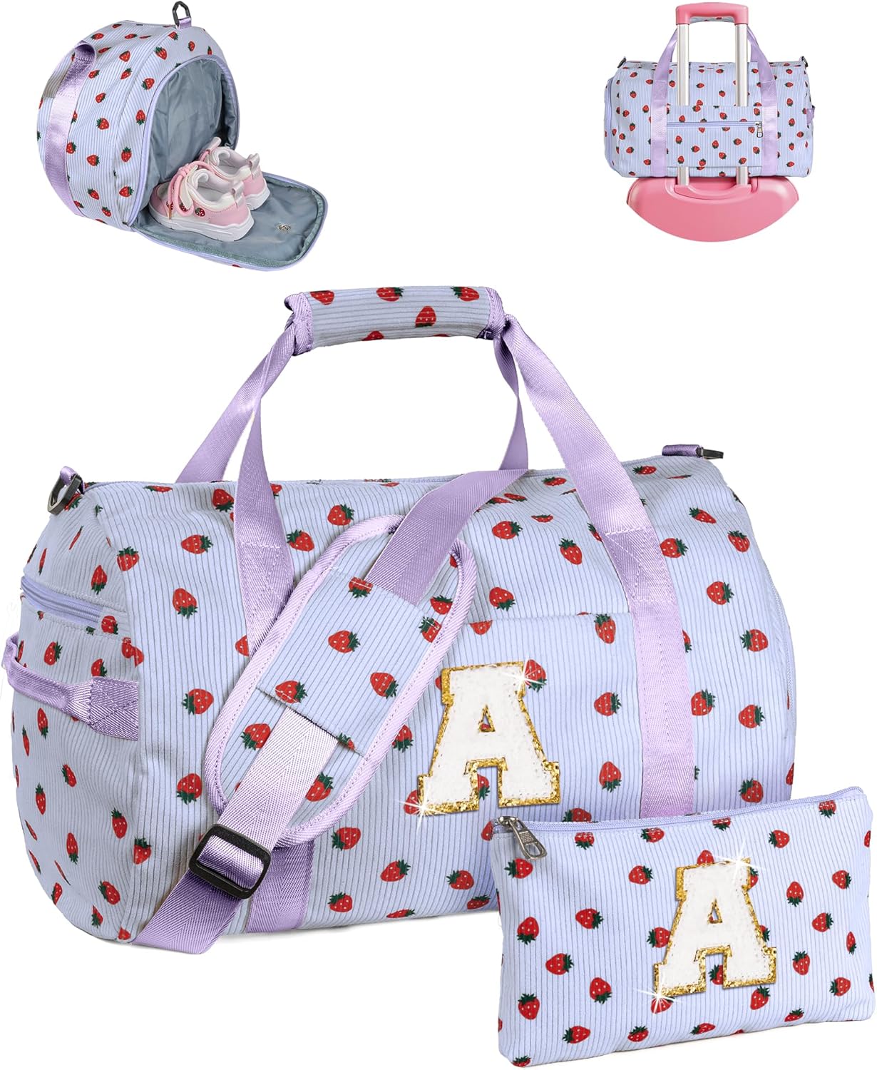 Skiennix Girls Gym Bag - Personalized Overnight Duffle with Shoe Compartment & Makeup Bag | Holiday Gift Set (Letter A)
