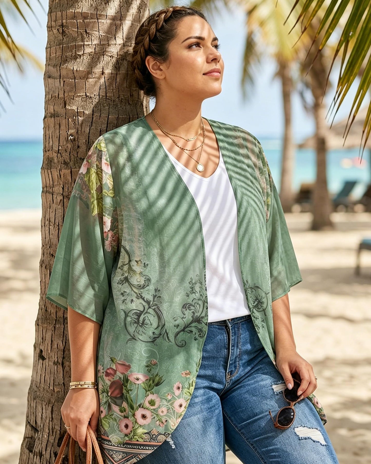 Women's Floral Print Puff Sleeve Kimono Cardigan Loose Cover Up Casual Blouse Tops(Army Green Floral,M)