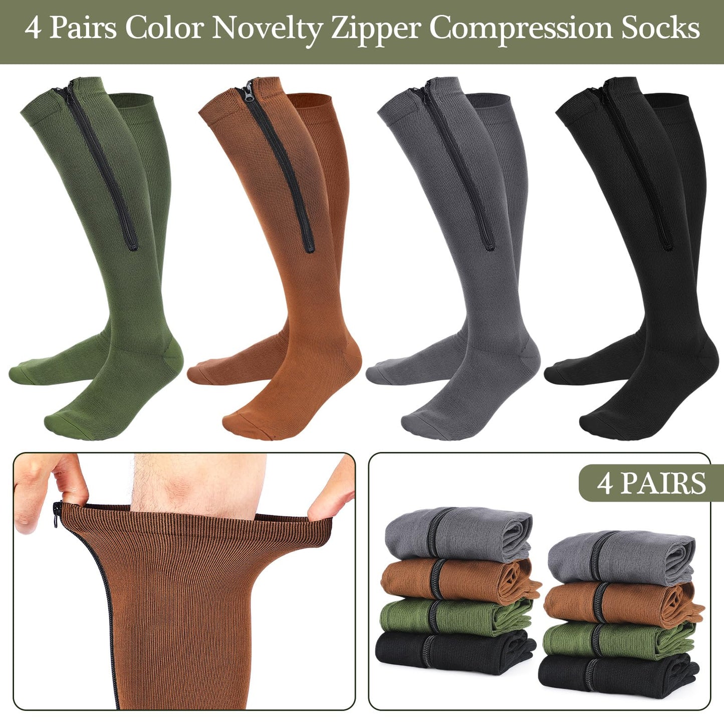 Tarpop 4 Pairs Men Zipper Compression Socks Colorful 20-30mmhg Compression Stockings with Zipper for Men Women Swelling Edema (Dark Color,L/XL)
