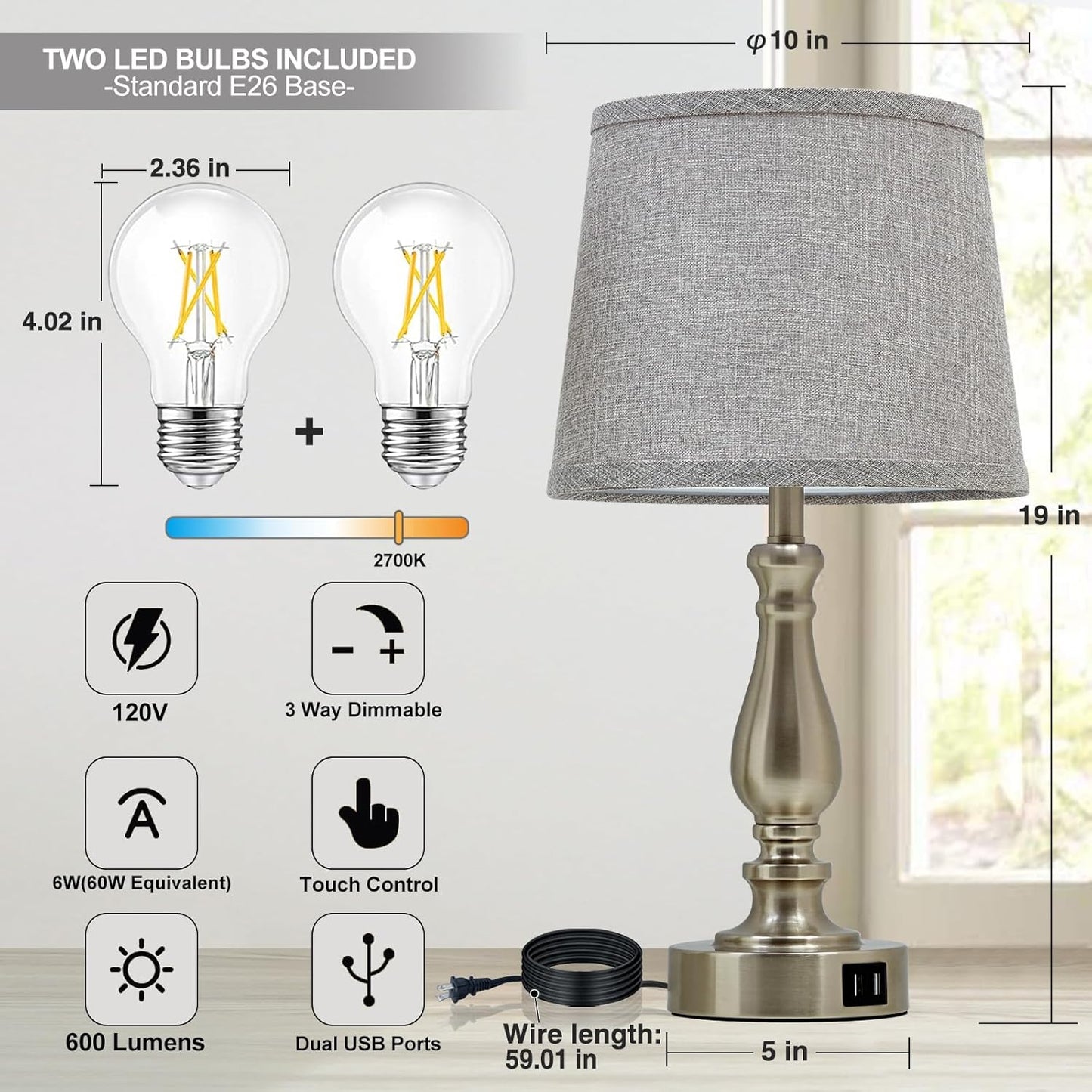 Touch Bedside Table Lamps Set of 2 with USB C+A Ports - 3-Way Dimmable Linen Shade