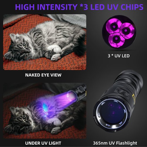 DARKDAWN UV 365nm Light Blacklight High Power, 20W Ultraviolet Flashlight USB-C Rechargeable with Black Mirror, 3 LEDs Mini Woods Lamp for Dog/Cat Urine Detector, Anti-counterfeiting Identification