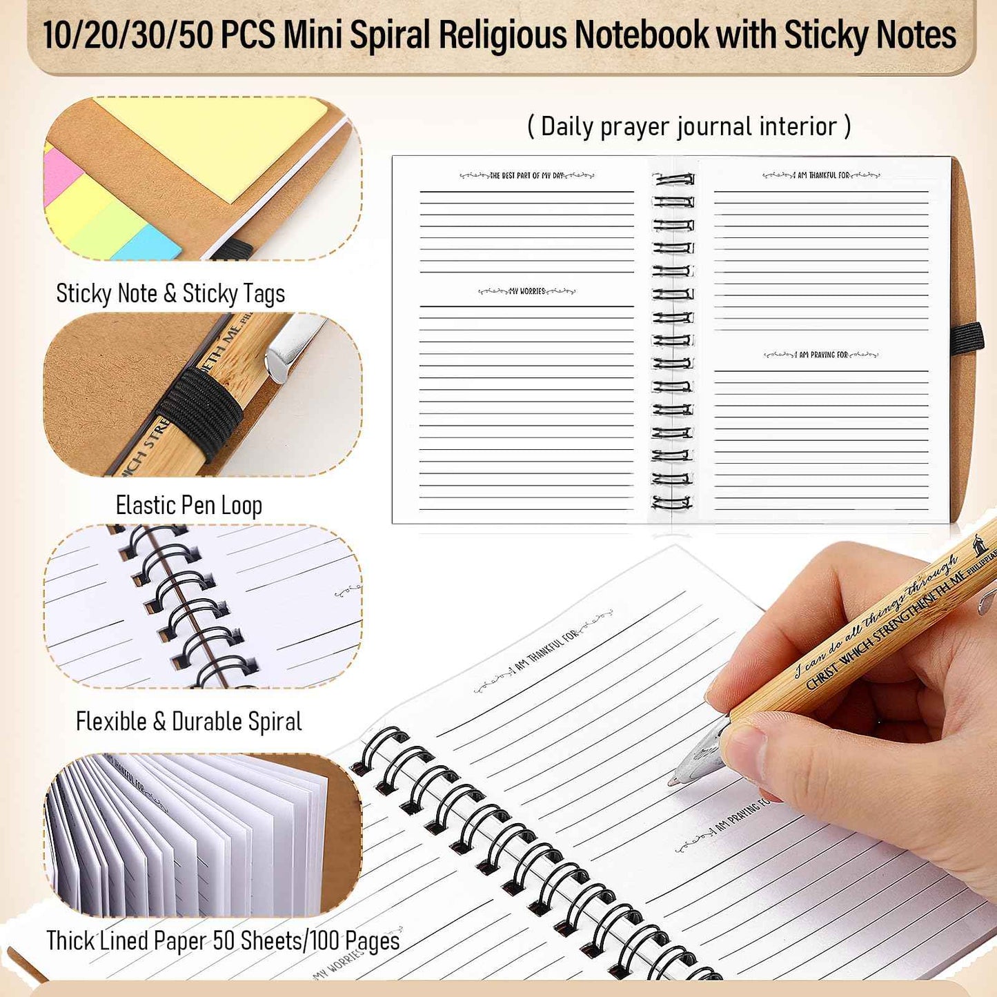 Spakon 20 Set Christian Gifts Bulk Church Gifts Religious Notebook Spiral Bible Verse Bamboo Pens Mini Bible Study Journal for Sunday School Employee Coworker Men Women (Brown)