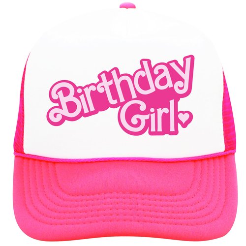 Birthday Girl Heart Hat for Women and Teens Trendy Pink Girly Adult Classic 5 Panel Mesh Snapback White/Neon Pink Trucker Hat
