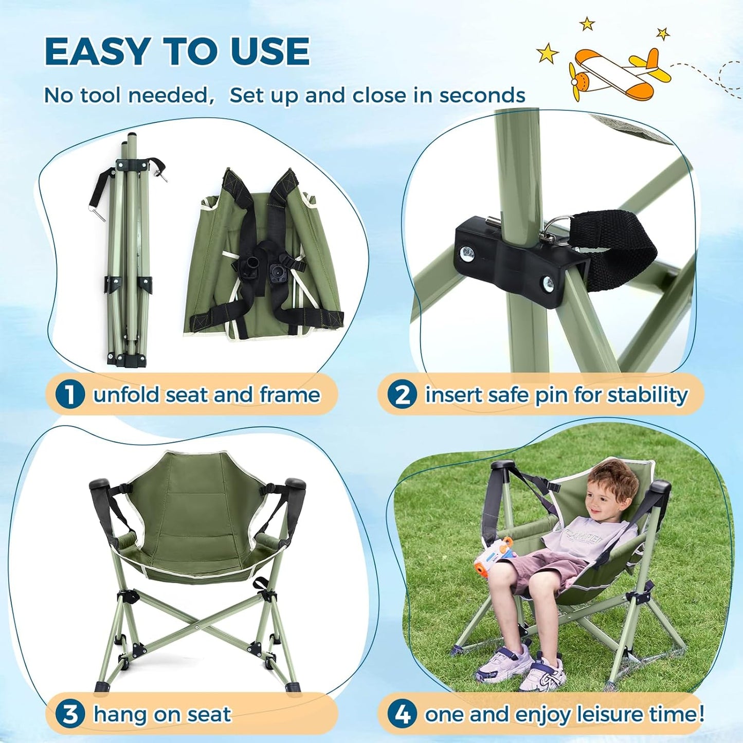 Skiennix Kids Hammock Chair - Adjustable Portable Folding Chair for Camping & Travel | Green, Supports 135 LBS