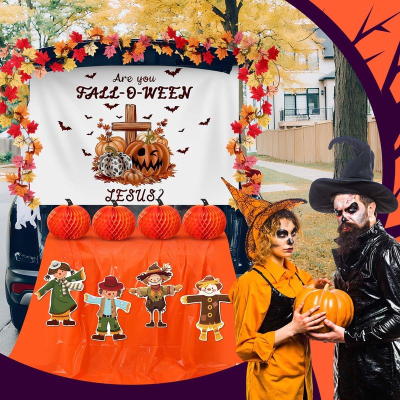 Suncalla Halloween Religious Christian Trunk or Treat Car Decorations Autumn Fall Are You Fall-o-ween Jesus Scarecrow Archway Garage Decor for Car Archway Trunk Exterior Halloween Party Supplies Decor
