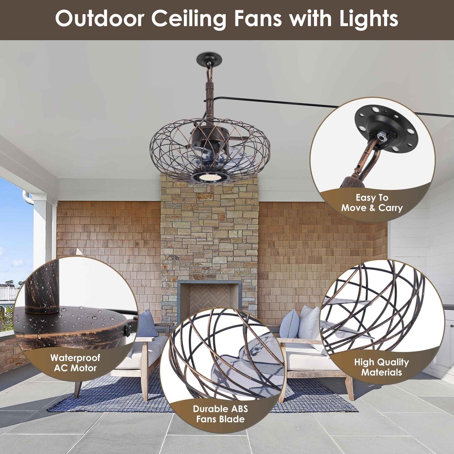 Miuyhji Retro Outdoor Ceiling Fans with LED Light, 15" Waterproof Gazebo Fan Plug in Caged Industrial Fandelier Ceiling Fan with Remote, 6 Speeds Adjustable Height Fan for Bedroom Living Room Pergola