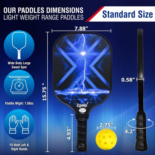 Zgelix Pickleball Paddles Set - Lightweight Fiberglass Paddles (7.88 Oz) with Sweat-Absorbing Anti-Slip Grip - Complete Set with Balls, Cooling Towels, Grip Tape, Ball Retrievers & Durable Carry Bag