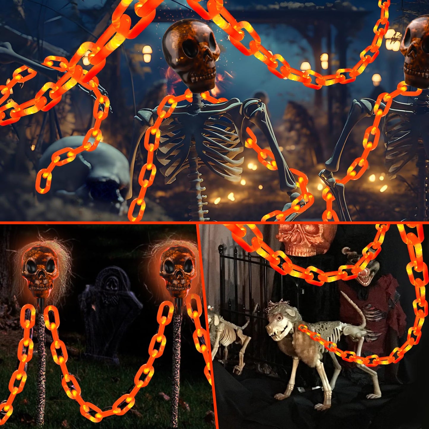 X-GiftKey Halloween Decorations Outdoor Solar Skull Chain Lights,Light up Scary Skull with Orange Props Chain,for Skeleton Dog,8 Modes Lighted Halloween String Lights for Yard/Patio,Creepy Party Decor