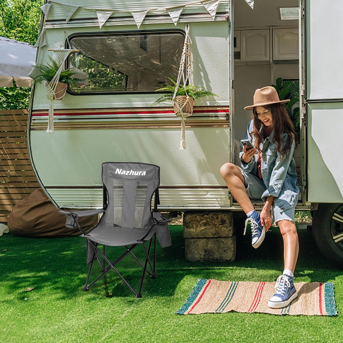 Nazhura Portable Folding Camping Chairs - Mesh Backrest & Cooler Pouch | Grey, Set of 2
