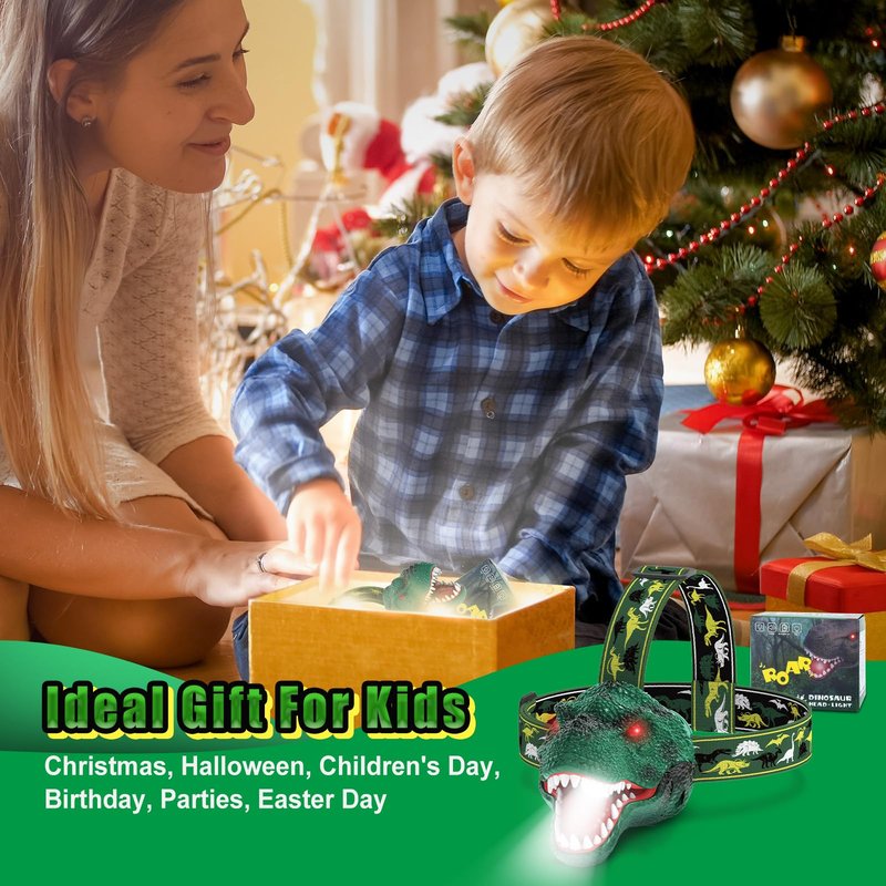 Nitigo Dinosaur Headlamp for Kids Flashlight Rechargeable Led Dino Head Lamp Roar & Silent Mode, T-Rex Dinosaur Toys for Kids 3 4 5 6 7 8, Camping Gear, Easter Gifts for Boys Girls Adults