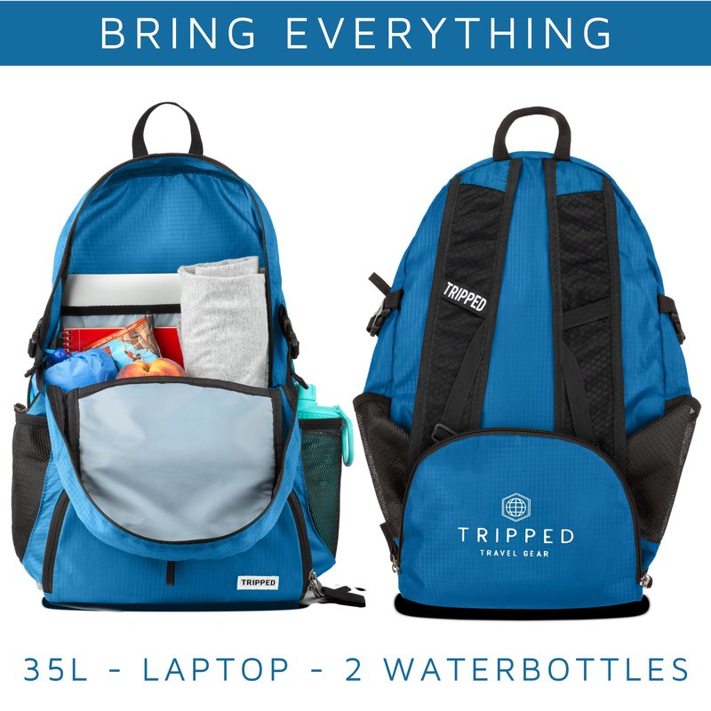 TRIPPED Travel Gear Traveling Backpack- Foldable Collapsible Lightweight Backpack for Travel (Light Blue) 35 liters