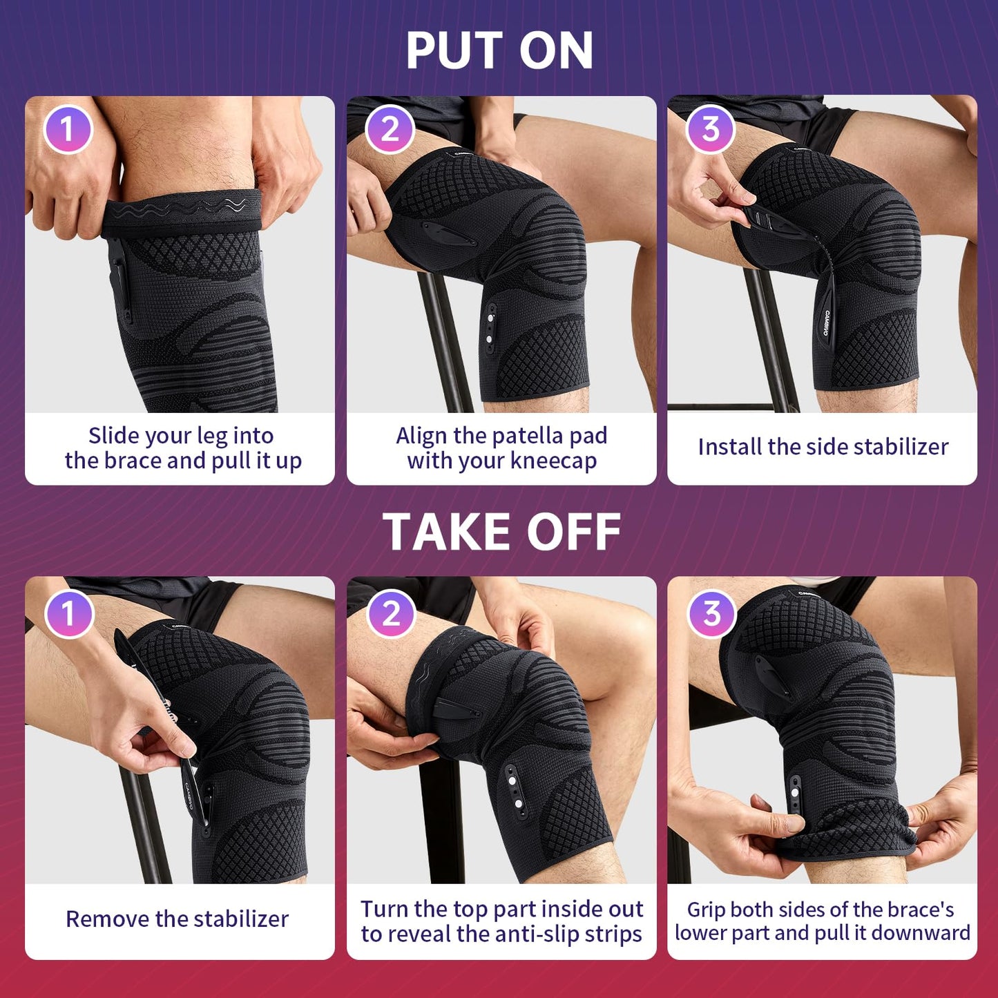 CAMBIVO Knee Support Brace with 2 Snap-on Detachable Stabilizers & Patella Gel Pads, Red Dot Awarded Compression Knee Sleeve for Meniscus Tear, ACL, Knee Pain Support, Running, Workout for Women & Men
