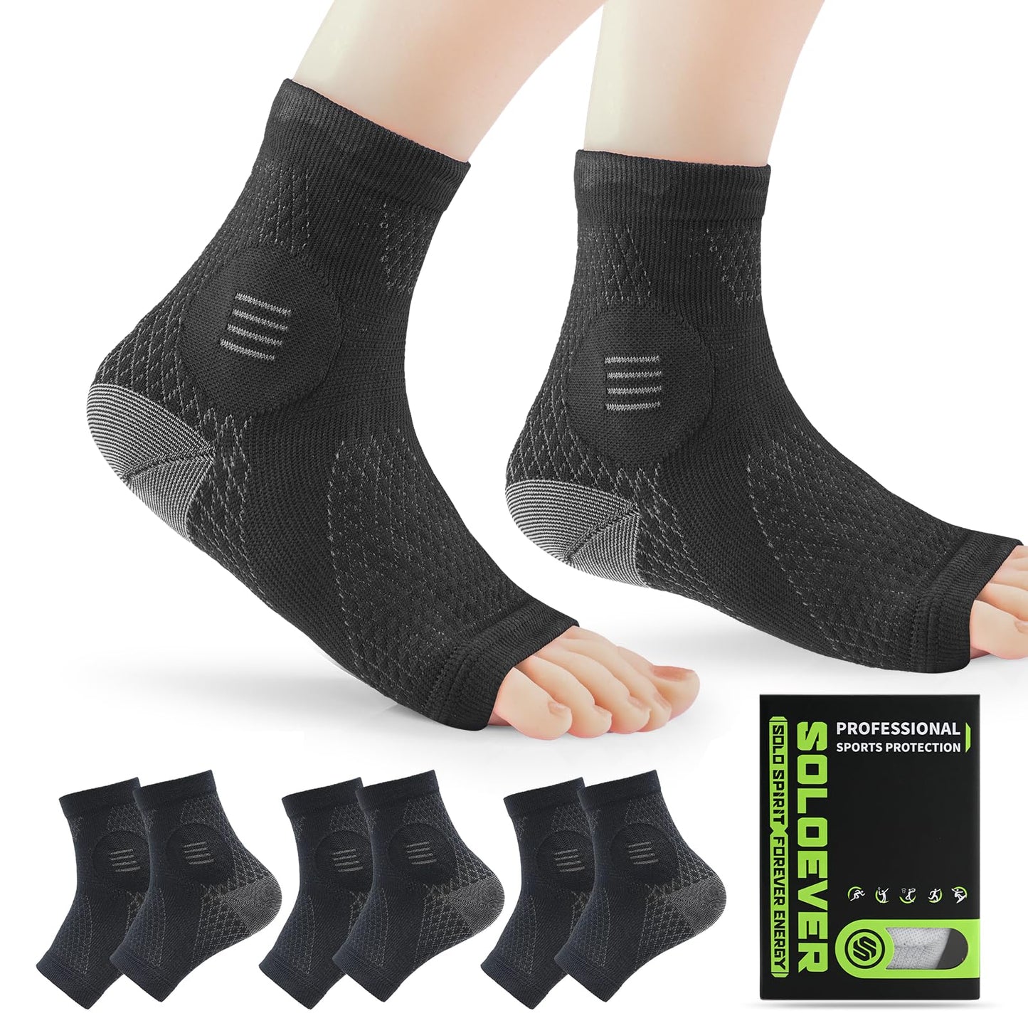3 Pairs Neuropathy Socks for Women & Men, Toeless Plantar Fasciitis Socks for Achilles Tendonitis Relief, Arch Support, Foot Pain Relief, Compression Ankle Socks for Swelling (Black+Black+Black, Large)
