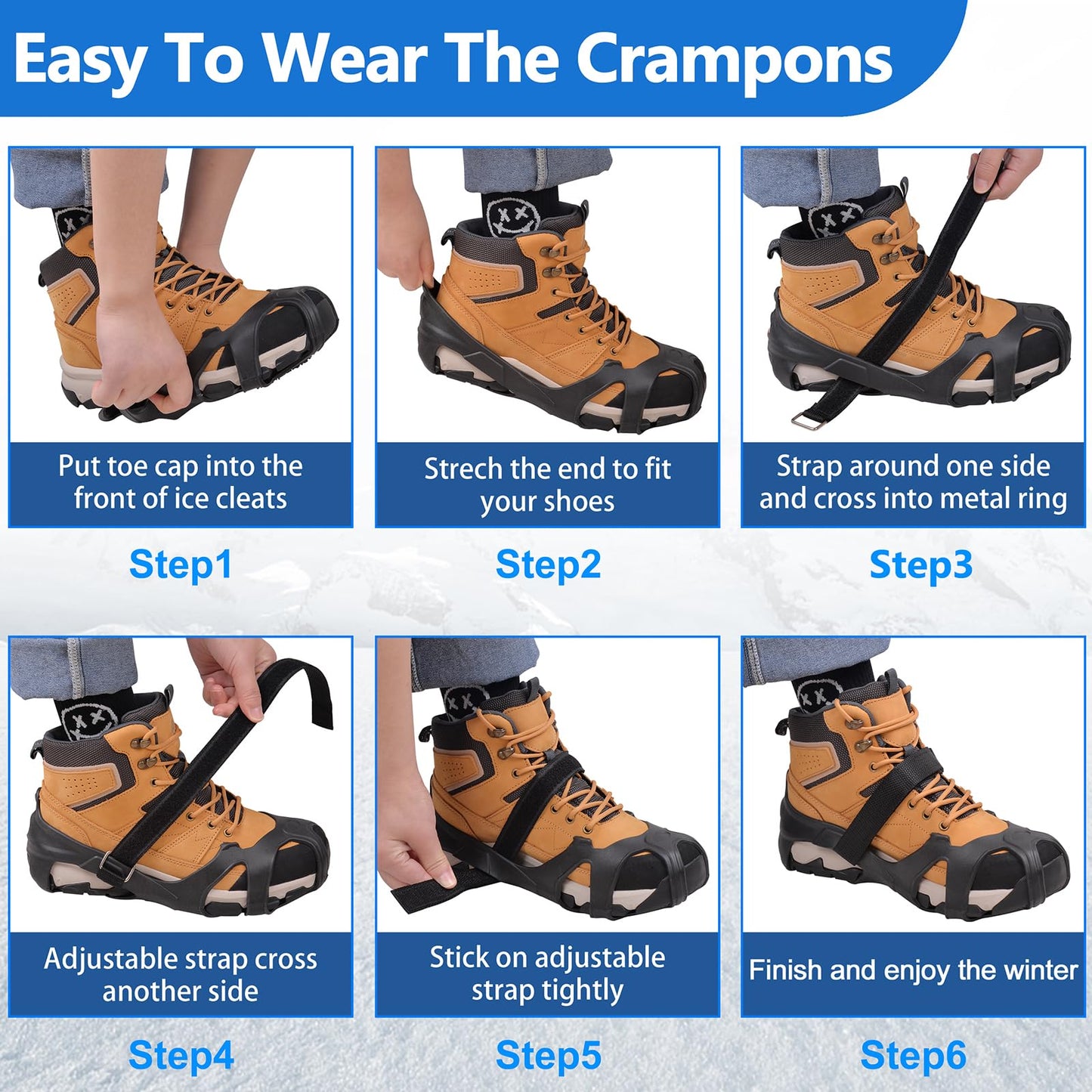 Ice Cleats Tungsten Crampons, Anti Slip Shoes Grippers with Reflective Heel, Ice Snow Cleats for Shoes and Boots Men Women Slip-on Overshoes Stretch Footwear, Size M