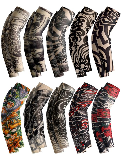 Boao 20 Pcs Men's Cooling Arm Sleeves Long Fingerless Arm Cover Anti Slip UV Protection Sun Temporary Tattoo Sleeves(Multi Style,Classic Colors,Medium)