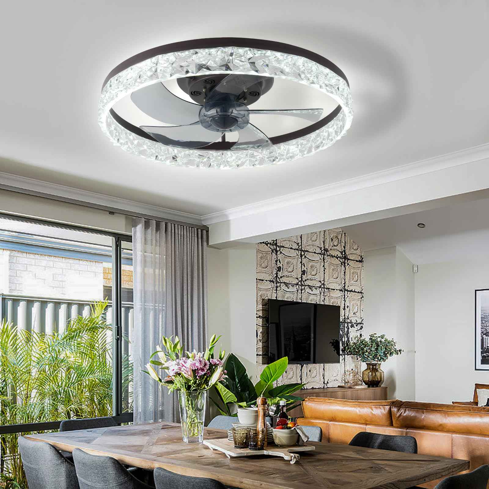 FRIXCHUR 20" Modern Ceiling Fan with Lights and Remote Dimmable Low Profile Ceiling Fans Flush Mount Led Ceiling Fan with Light for Bedroom Living Room Kitchen(Brown,6 Speeds 3 Colors Change)