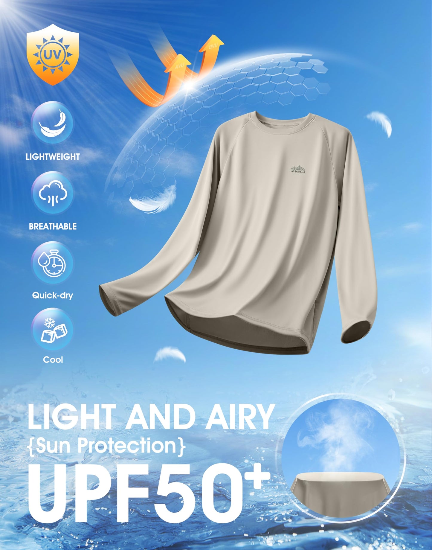 Pudolla Men's Sun Protection Long Sleeve Shirts UPF 50+ Fishing Swim Shirts Lightweight Quick Dry Rash Guard Hiking Shirts(Grey/Mountain Large)