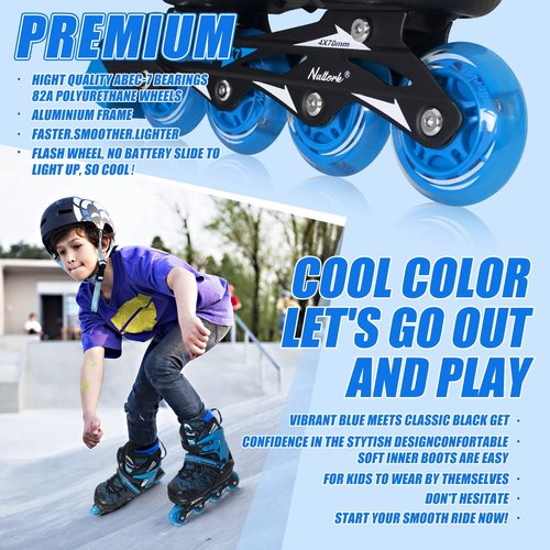 Inline Skates for Boys, Outdoor Adjustable Roller Skates for Kids Youth Beginners with Full Illuminating Safe Durable Blue Size 1 2 3 4