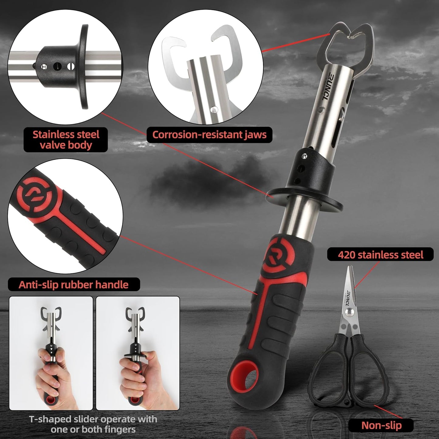 RUNCL Fishing Tool Kit - 4-Piece Set with Pliers, Fillet Knife, Gripper & Scissors | Saltwater Gear