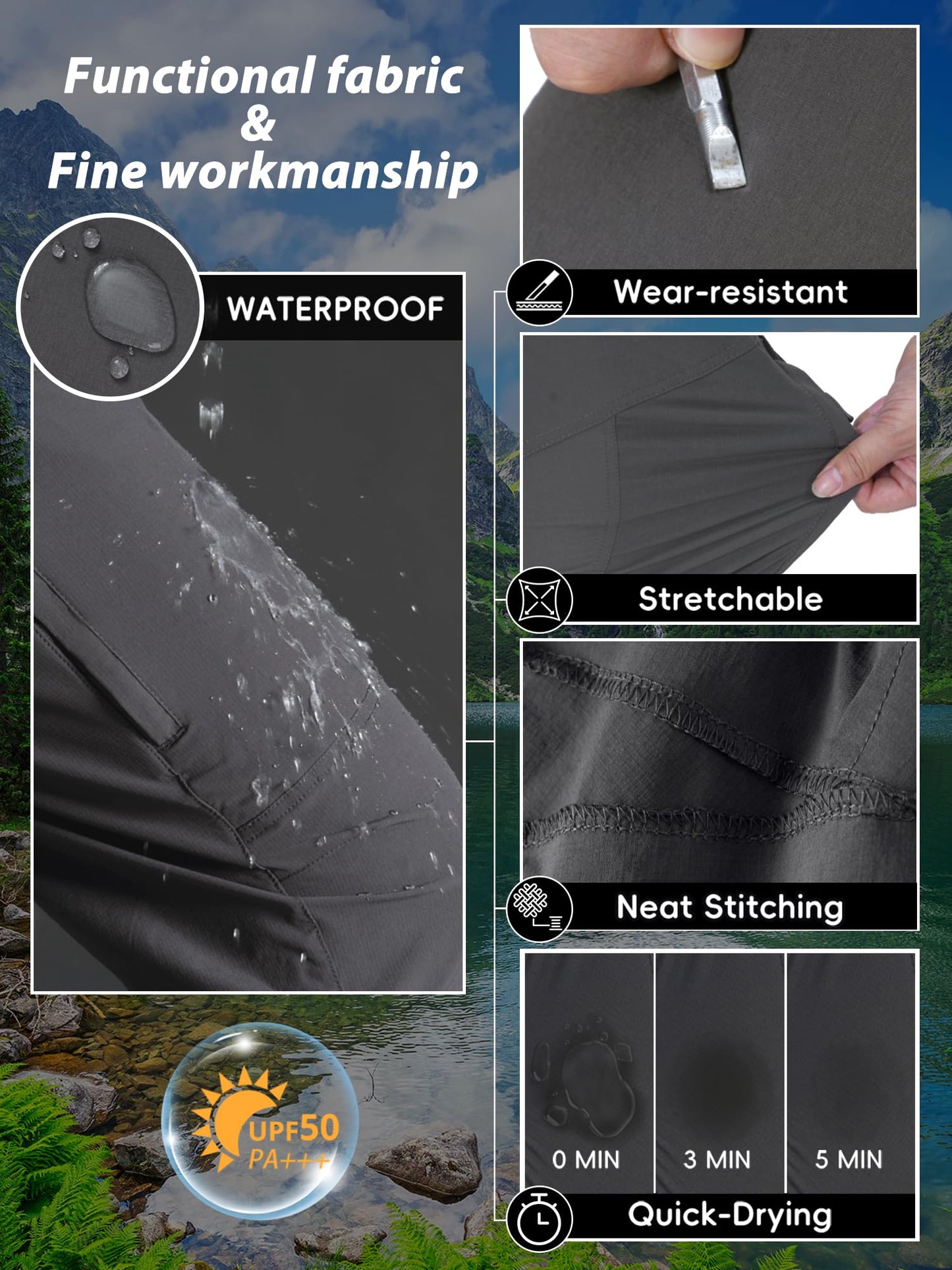 Zoofly Mens Cargo Pants Water Resistant Quick Dry Hiking Work Pants Nylon Light Weight Stretch Comfy Travel Fishing (Dark Grey, 36W*30L)
