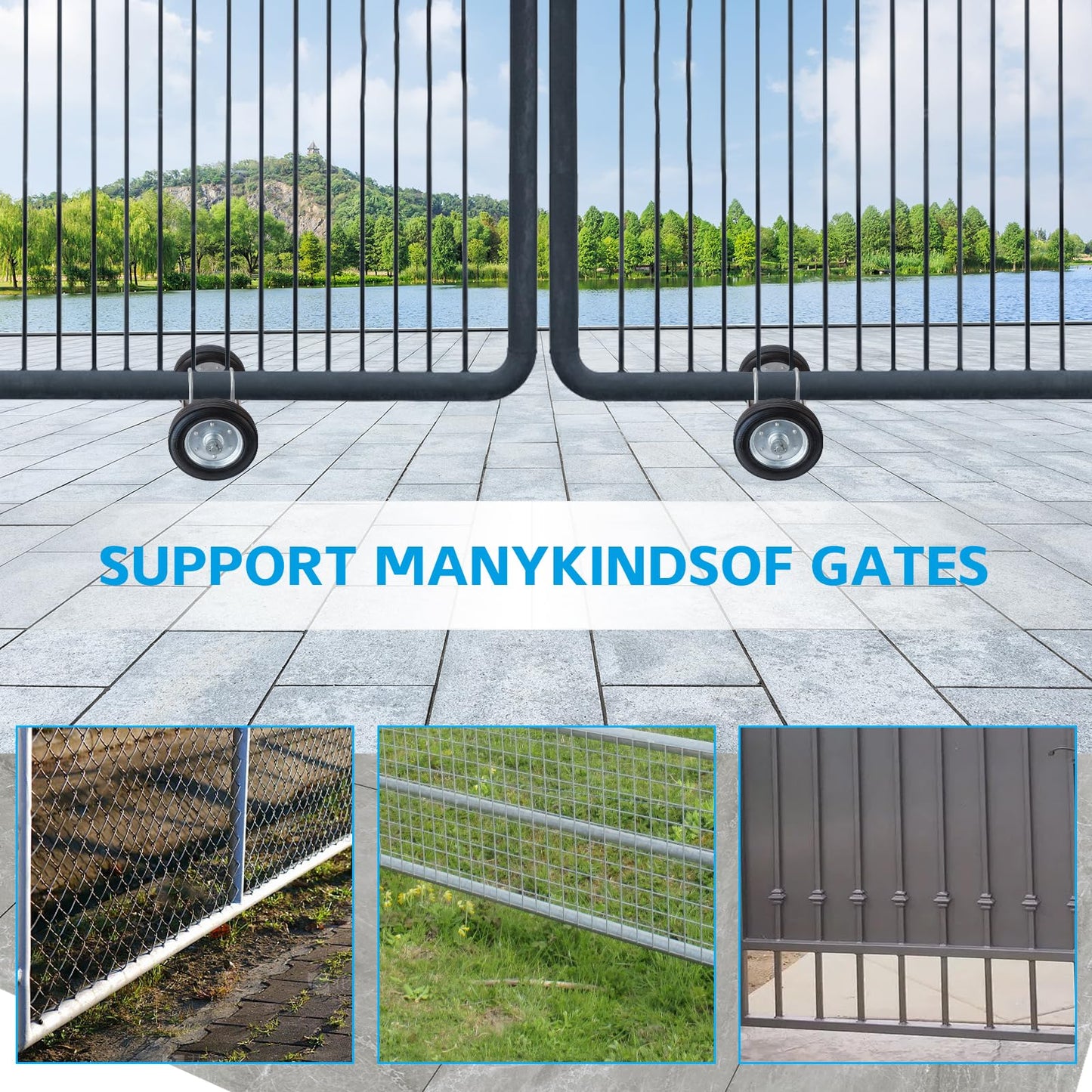 Heavy-Duty Steel Rolling Gate Wheel Carrier, 8" Rubber Wheels, Adjustable Steel U-Bolts, for Chain Link Gates or Metal Fence or Wooden Gate