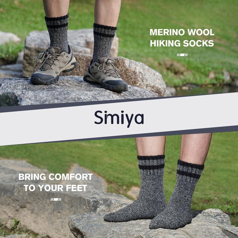 SIMIYA Thick Merino Wool Socks for Men Thermal Warm Hiking Socks Comfortable & Breathable Crew Socks in Cold Weather for Men & Women（5 Pairs）