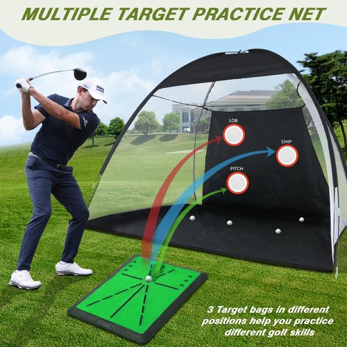 Golf Net, 10x7FT Golf PracticeNet with Swing Mat, Golf Hitting Net for Backyard Driving, Indoor/Outdoor Training Chipping Aid Nets with Targets, Gifts for Men/Dad/Him