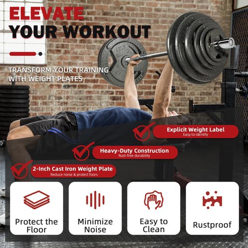 Fitvids Barbell 2-Inch Olympic Cast Iron Plate Weight Set, 85 Pounds, Grey