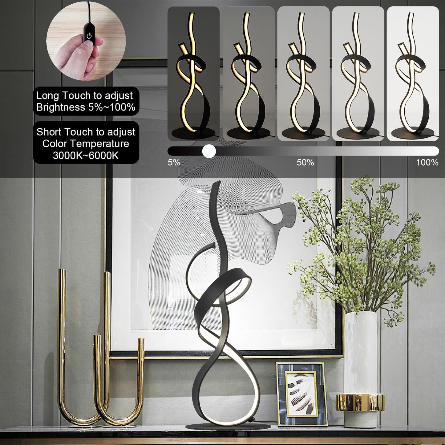 AooLiWang 22inch 24W 2700LM Modern Design 3CCT 2700K/4000K/6500K Stepless Touch Dimmable with Remote Control Art LED Table Lamps for Bedroom Bedside Living Room Villa Gift Idea (Black)