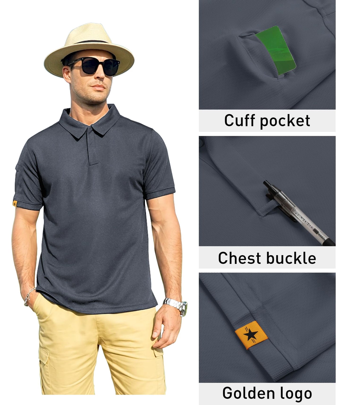ZITY Mens Polo Shirt Short Sleeve Sports Tactical T-Shirt Athletic Golf Polos Daily Casual Stylish Collared Shirts for Men Grey Large