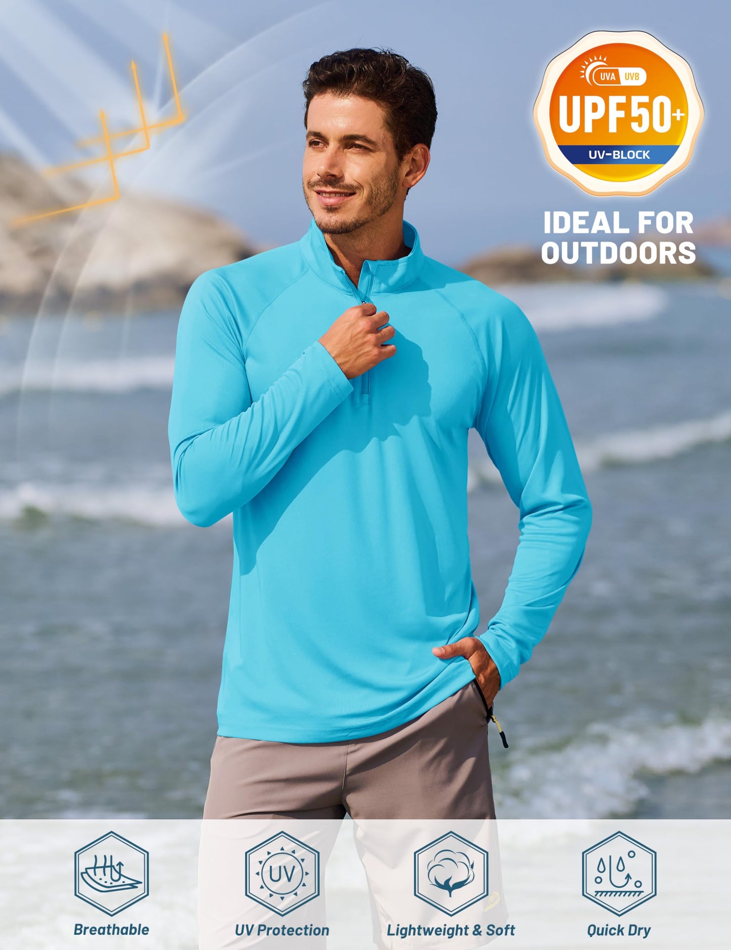 TACVASEN Long Sleeve Swim Shirts for UPF 50+ Sun Protection Running Shirts Quick Dry Rash Guard Outdoor 1/4 Zip Pullover T-Shirts Dry Fit Blue